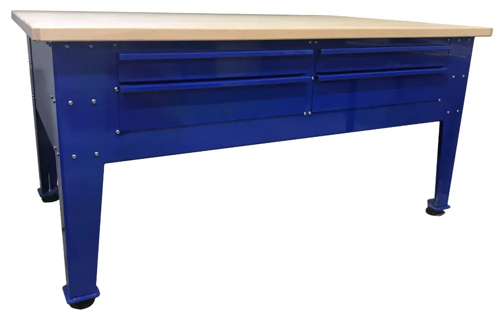 [S-WTS51-384260-WBS-4] S-WT51 - 38"H x 42"D x 60"W x 12g Work Table Shipping, with four 36" Drawers (4" Top & 6" Bottom), Rubber Floor Pads and Particle Wood/Oak Framed Top and Powder Coated Blue Streak Finish